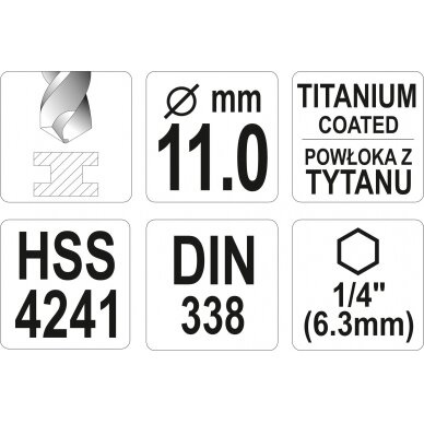 Grąžtas metalui su Hex 6.3 mm (1/4") galu HSS-TiN | 11.0 mm (YT-44773) 2