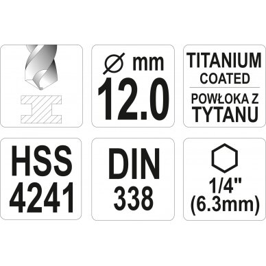 Grąžtas metalui su Hex 6.3 mm (1/4") galu HSS-TiN | 12.0 mm (YT-44774) 3
