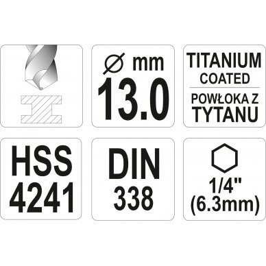 Grąžtas metalui su Hex 6.3 mm (1/4") galu HSS-TiN | 13.0 mm (YT-44776) 3