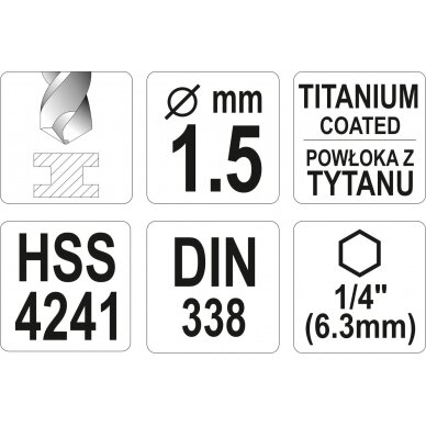 Grąžtas metalui su Hex 6.3 mm (1/4") galu HSS-TiN | 1,5 mm (YT-44750) 3
