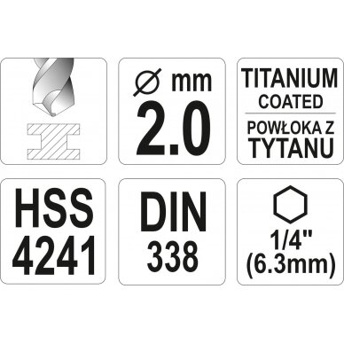 Grąžtas metalui su Hex 6.3 mm (1/4") galu HSS-TiN | 2.0 mm (YT-44751) 3