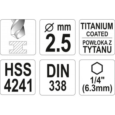 Grąžtas metalui su Hex 6.3 mm (1/4") galu HSS-TiN | 2.5 mm (YT-44752) 3