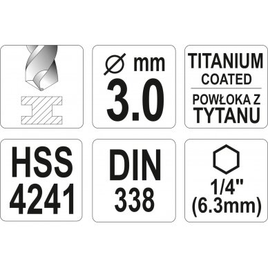 Grąžtas metalui su Hex 6.3 mm (1/4") galu HSS-TiN | 3.0 mm (YT-44754) 3