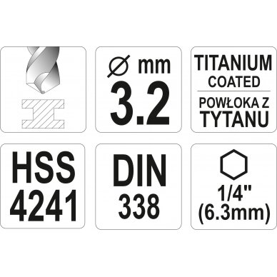 Grąžtas metalui su Hex 6.3 mm (1/4") galu HSS-TiN | 3.2 mm (YT-44755) 3