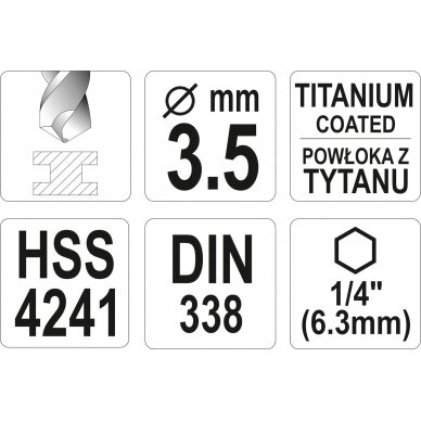 Grąžtas metalui su Hex 6.3 mm (1/4") galu HSS-TiN | 3.5 mm (YT-44756) 3