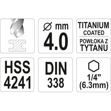 Grąžtas metalui su Hex 6.3 mm (1/4") galu HSS-TiN | 4.0 mm (YT-44757) 3
