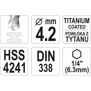 Grąžtas metalui su Hex 6.3 mm (1/4") galu HSS-TiN | 4.2 mm (YT-44758) 3