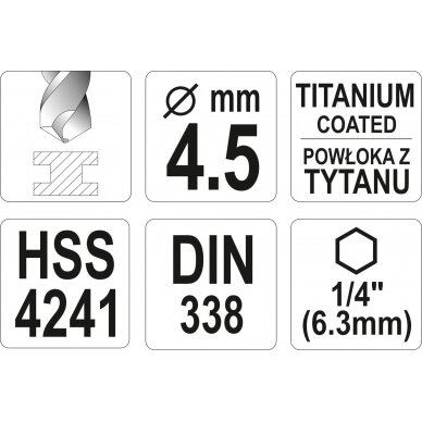 Grąžtas metalui su Hex 6.3 mm (1/4") galu HSS-TiN | 4.5 mm (YT-44759) 3