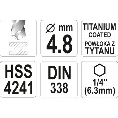 Grąžtas metalui su Hex 6.3 mm (1/4") galu HSS-TiN | 4.8 mm (YT-44760) 3