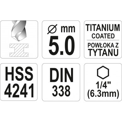 Grąžtas metalui su Hex 6.3 mm (1/4") galu HSS-TiN | 5.0 mm (YT-44761) 3