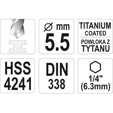 Grąžtas metalui su Hex 6.3 mm (1/4") galu HSS-TiN | 5.5 mm (YT-44763) 3
