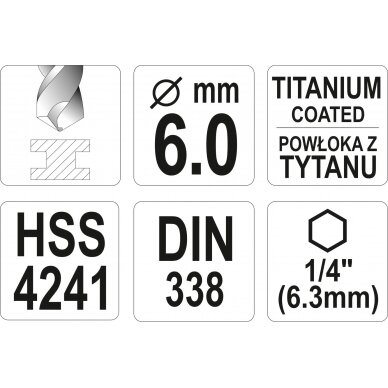 Grąžtas metalui su Hex 6.3 mm (1/4") galu HSS-TiN | 6.0 mm (YT-44764) 3