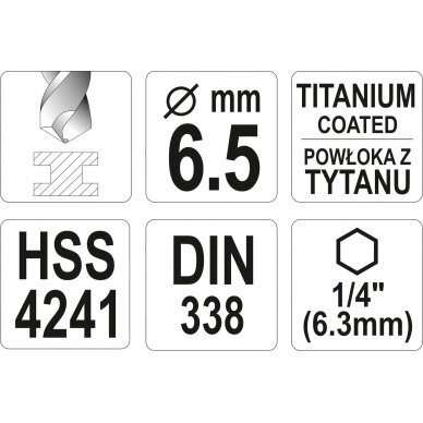 Grąžtas metalui su Hex 6.3 mm (1/4") galu HSS-TiN | 6.5 mm (YT-44765) 3