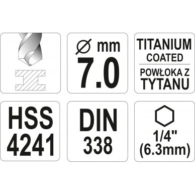Grąžtas metalui su Hex 6.3 mm (1/4") galu HSS-TiN | 7.0 mm (YT-44766) 3
