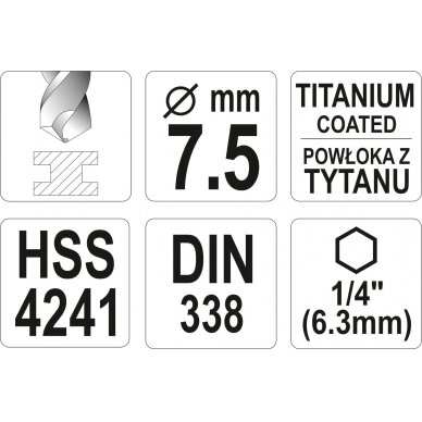 Grąžtas metalui su Hex 6.3 mm (1/4") galu HSS-TiN | 7.5 mm (YT-44767) 3