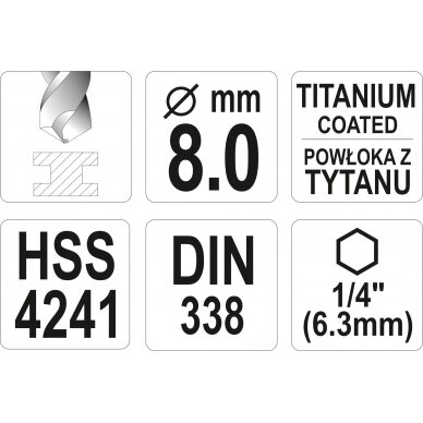 Grąžtas metalui su Hex 6.3 mm (1/4") galu HSS-TiN | 8.0 mm (YT-44768) 3