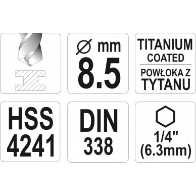 Grąžtas metalui su Hex 6.3 mm (1/4") galu HSS-TiN | 8.5 mm (YT-44769) 3