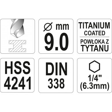 Grąžtas metalui su Hex 6.3 mm (1/4") galu HSS-TiN | 9.0 mm (YT-44770) 2
