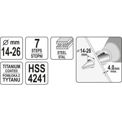 Grąžtas skylės (pa)platinimui pakopinis | 14-26 mm (YT-44743) 3