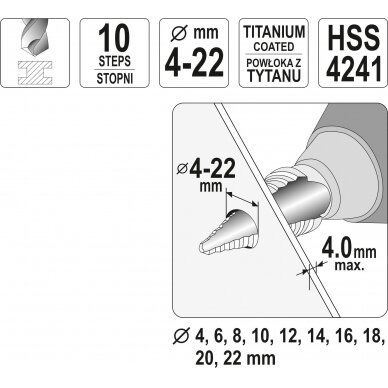 Grąžtas skylės (pa)platinimui pakopinis | 4-22 mm (YT-44741) 3