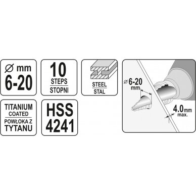 Grąžtas skylės (pa)platinimui pakopinis | 6-20 mm (YT-44744) 3