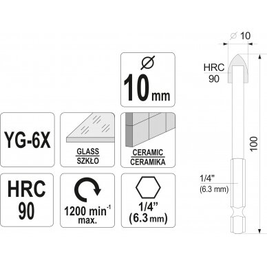 Grąžtas stiklui ir keramikai | 6.3 mm (1/4") galu | 10 mm (21705) 3