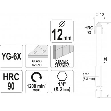 Grąžtas stiklui ir keramikai | 6.3 mm (1/4") galu | 12 mm (21706) 3