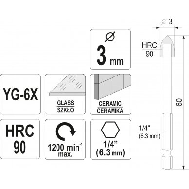 Grąžtas stiklui ir keramikai | 6.3 mm (1/4") galu | 3 mm (21700) 3