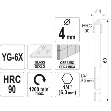 Grąžtas stiklui ir keramikai | 6.3 mm (1/4") galu | 4 mm (21701) 3