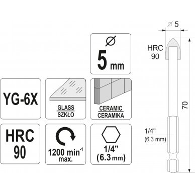 Grąžtas stiklui ir keramikai | 6.3 mm (1/4") galu | 5 mm (21702) 3