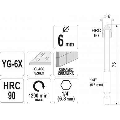 Grąžtas stiklui ir keramikai | 6.3 mm (1/4") galu | 6 mm (21703) 3