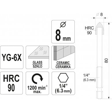 Grąžtas stiklui ir keramikai | 6.3 mm (1/4") galu | 8 mm (21704) 3