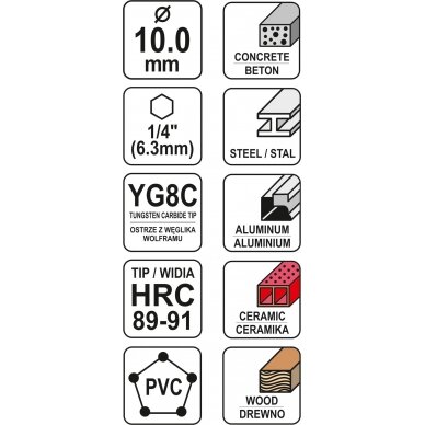 Grąžtas universalus su Hex 6.3 mm (1/4") galu | 10.0 mm (YT-44786) 3