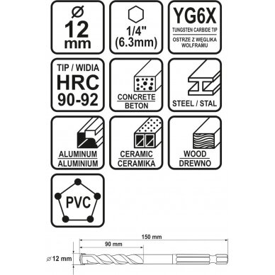 Grąžtas universalus su Hex 6.3 mm (1/4") galu | 12.0 mm (21692) 4