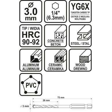 Grąžtas universalus su Hex 6.3 mm (1/4") galu | 3.0 mm (21680) 4