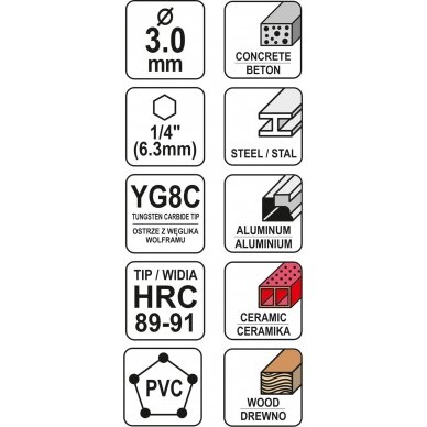 Grąžtas universalus su Hex 6.3 mm (1/4") galu | 3.0 mm (YT-44780) 3