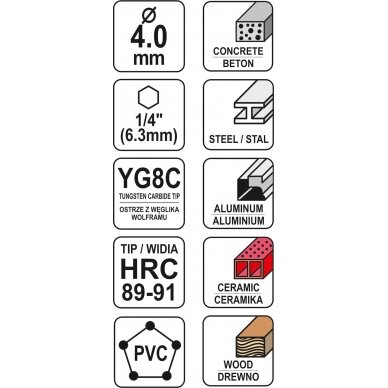 Grąžtas universalus su Hex 6.3 mm (1/4") galu | 4.0 mm (YT-44781) 4