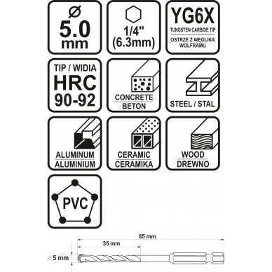 Grąžtas universalus su Hex 6.3 mm (1/4") galu | 5.0 mm (21684) 4