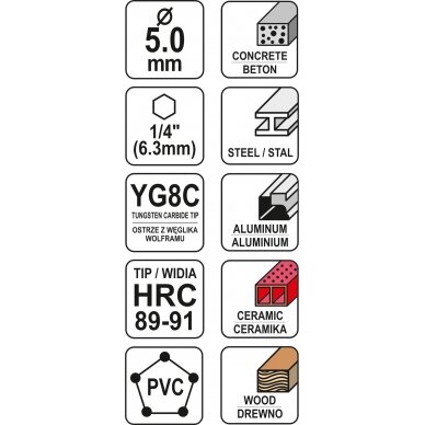 Grąžtas universalus su Hex 6.3 mm (1/4") galu | 5.0 mm (YT-44782) 3