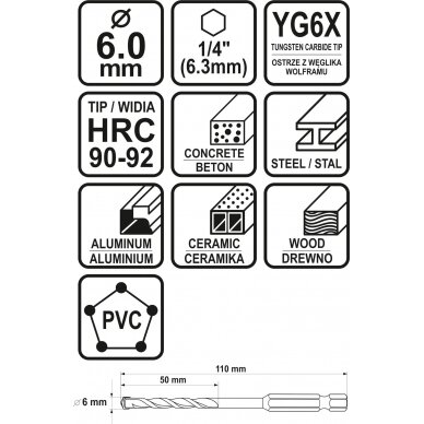 Grąžtas universalus su Hex 6.3 mm (1/4") galu | 6.0 mm (21686) 4