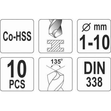 Grąžtų metalui rinkinys | Cobalt-HSS | 1-10mm | 10 vnt. (YT-41603) 2