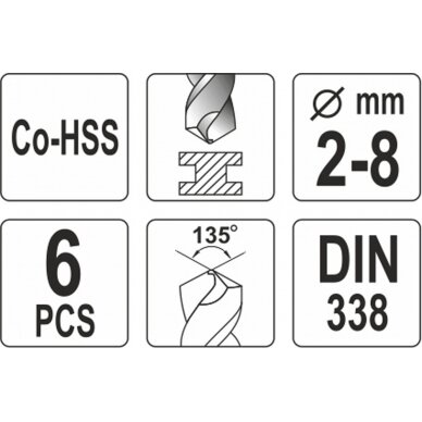 Grąžtų metalui rinkinys | Cobalt-HSS | 2-8 mm | 6 vnt. (YT-41602) 2