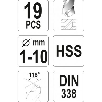 Grąžtų metalui rinkinys HSS DIN 338 19vnt. 1-10mm (YT-4462) 2