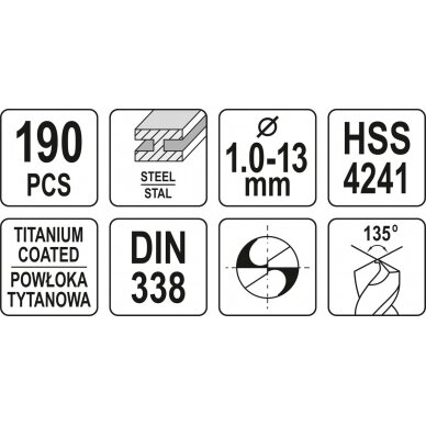 Grąžtų metalui rinkinys | HSS | Ø 1 - 13 mm | 190 vnt. (YT-44677) 5