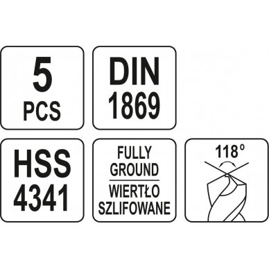 Grąžtų metalui rinkinys | ilgas tipas | HSS | 3 - 8 mm | 5 vnt. (YT-39820) 3