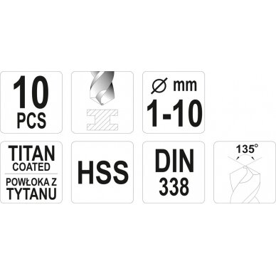 Grąžtų rinkinys | HSS-Titan | 1 - 10 mm | 10 vnt. (YT-44674) 2