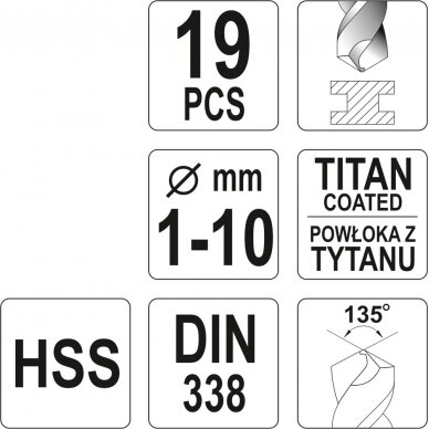 Grąžtų rinkinys | HSS-Titan | 1 - 10 mm | 19 vnt. (YT-44675) 2