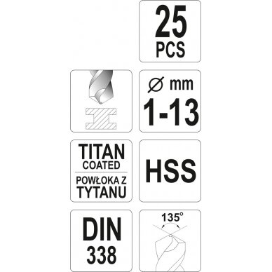 Grąžtų rinkinys | HSS-Titan | 1 - 13 mm | 25 vnt. (YT-44676) 2