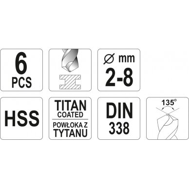 Grąžtų rinkinys | HSS-Titan | 2 - 8 mm | 6 vnt. (YT-44673) 2
