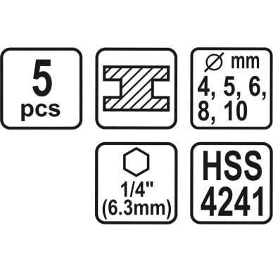 Grąžtų rinkinys su Hex 6.3 mm (1/4") galu | HSS 4241 | 4 - 10 mm | 5 vnt. (21650) 2
